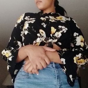 Black Floral Button-Up Blouse